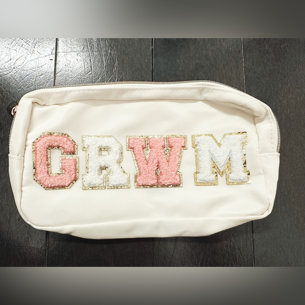 GRWM Chenille Letter Makeup Bag – Ivory Nylon – Pink & White Letters